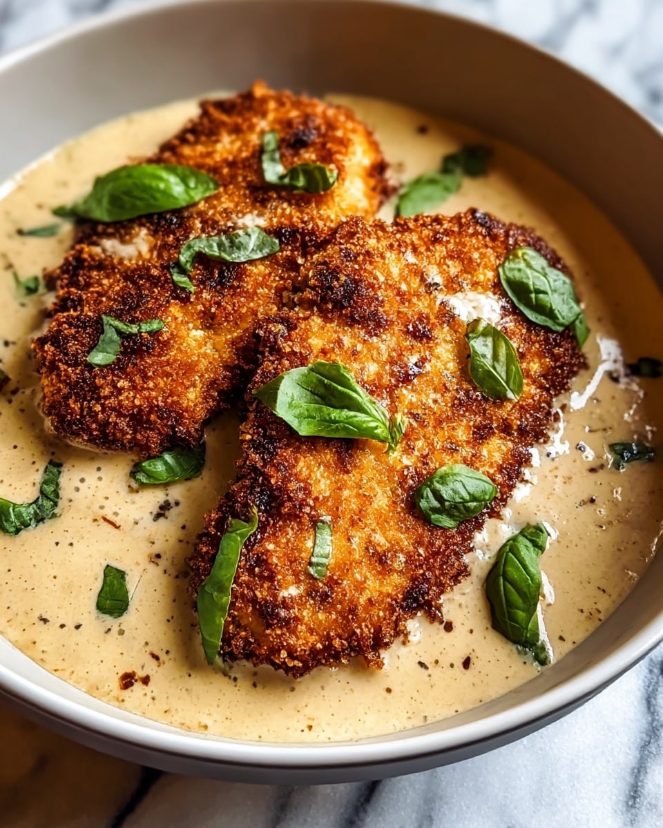 The dish shows two pieces of golden-brown, crispy breaded chicken placed on top of a creamy light brown sauce that pools at the bottom of a white plate. The chicken has a crunchy texture with toasted seasoning visible on its surface. Fresh green basil leaves are scattered both on the chicken pieces and around them on the sauce, adding a touch of vibrant color. The plate rests on a white marbled textured surface, enhancing the clean and fresh look of the dish. photo taken with an iphone --ar 4:5 --v 7
