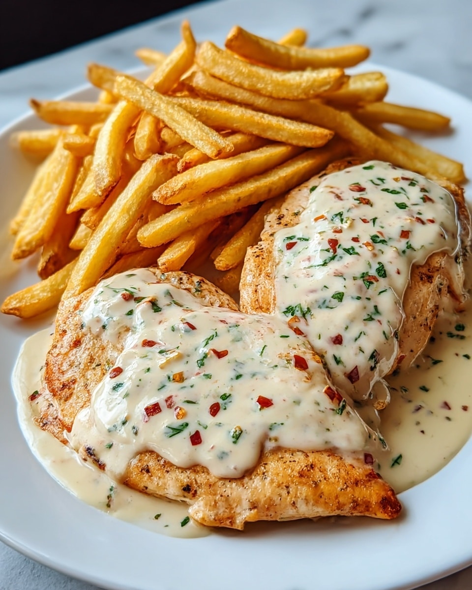 The image shows a white plate with a bed of golden brown grilled chicken breast pieces as the bottom layer, topped with a creamy white sauce sprinkled with small red chili flakes and green herbs. To the upper side of the plate, a thick layer of crispy light golden French fries is placed, contrasting the smooth texture of the sauce and chicken. The background is a white marbled surface. Photo taken with an iphone --ar 4:5 --v 7