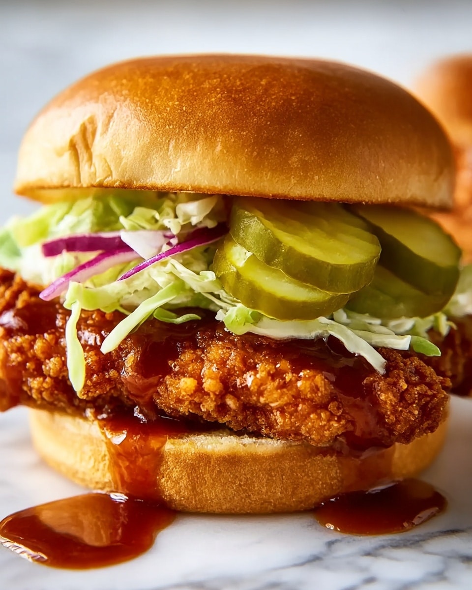 A fried chicken sandwich with a soft, slightly shiny golden brown top bun sits on a white marbled surface. The sandwich has three main layers: the bottom bun is light beige and slightly squished, topped with a thick, crispy fried chicken piece covered in a glossy reddish-brown sauce that drips down onto the surface. Above the chicken, there is a layer of shredded green lettuce mixed with thin slices of pale purple onion, and two thick pickles with a yellow-green color rest on top before the bun completes the sandwich. Photo taken with an iphone --ar 4:5 --v 7