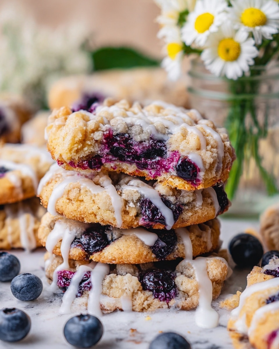 A close-up view of a stack of crumbly blueberry cookies, showing two layers: a golden-brown crumb topping with light glaze drizzle on top and underneath a layer of soft cookie filled with purple blueberry chunks, the middle layer appears moist and slightly gooey; fresh whole blueberries and white marbled texture surface visible around the cookies, a small glass jar with white and yellow daisy flowers placed beside the stack. photo taken with an iphone --ar 4:5 --v 7