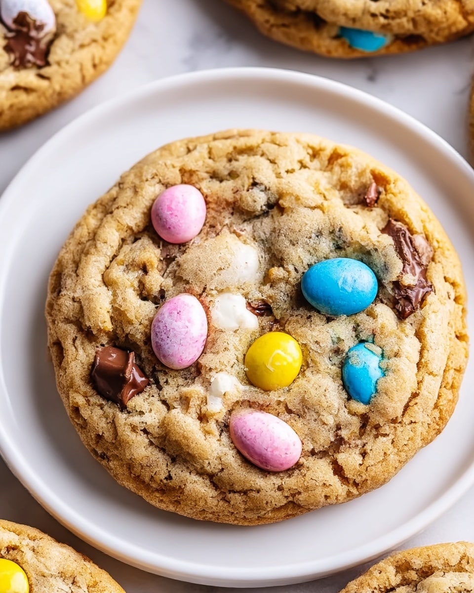 A close-up view of a soft, round cookie with a golden-brown crust that shows a baked, slightly bumpy texture. The cookie is baked to a light golden color with a few darker spots and has embedded candy pieces on the top layer, including pastel-colored candy-coated chocolate eggs in pink, yellow, blue, and white, along with molten milk chocolate chunks visible between them. The cookie sits on a simple white plate with a white marbled surface in the background, giving a clean bright look. Photo taken with an iphone --ar 4:5 --v 7