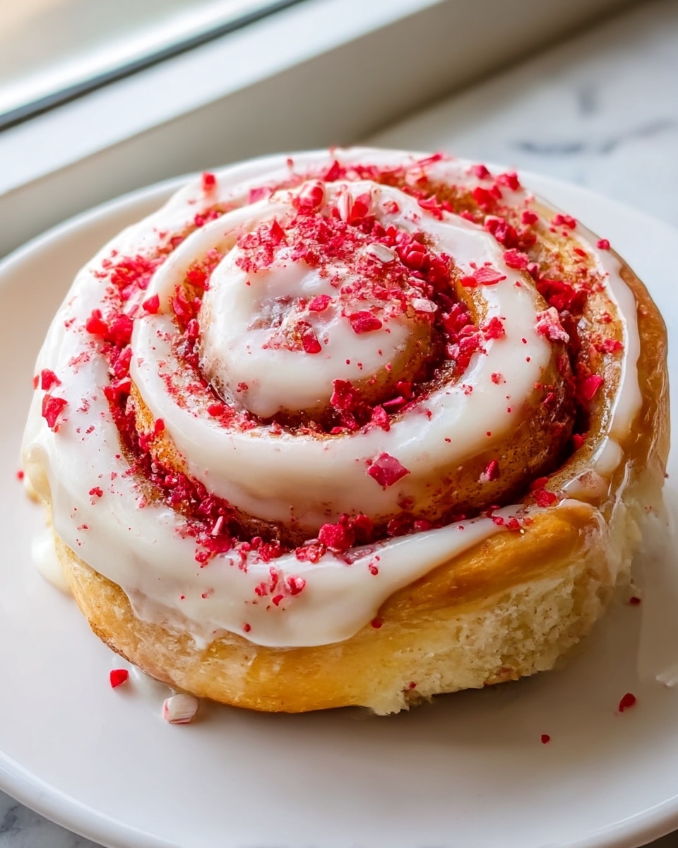 A close-up view of a single cinnamon roll sits on a white plate over a white marbled surface. The roll has a soft, golden-brown spiral base with three visible layers of dough rolled tightly. It is covered by a creamy white icing, drizzled unevenly but generously, following the curves of the spiral. Small, bright red chopped strawberries are scattered on top of the icing, adding fresh color and texture contrast. The cinnamon swirl within the dough is visible in places under the icing, showing a darker brown, slightly sticky layer. photo taken with an iphone --ar 4:5 --v 7