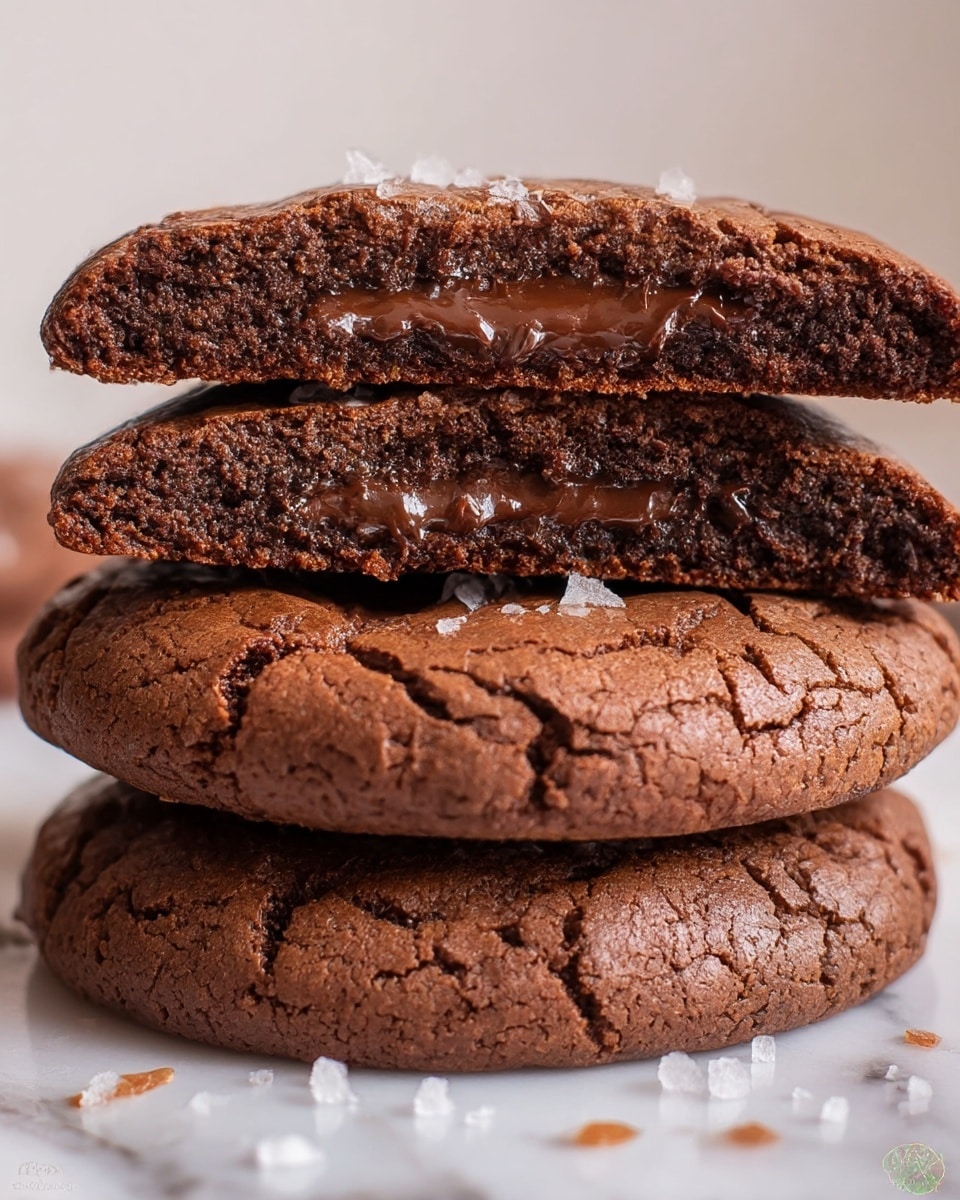A close-up view of a stack of three thick chocolate cookies on a white marbled surface, with the top cookie broken in half and placed on top to show the rich, gooey, dark chocolate center that looks smooth and melted. Each cookie has a cracked, slightly rough texture on the outside with a deep brown color and a soft, moist inside. A few flakes of salt are scattered around the cookies, adding a subtle contrast to the deep chocolate tones. photo taken with an iphone --ar 4:5 --v 7