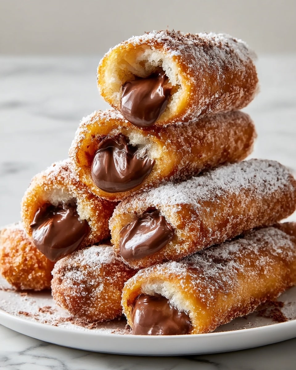 A stack of five golden brown, crispy rolls is placed on a white plate with powdered sugar sprinkled on top. Each roll is filled with a rich, glossy chocolate cream that oozes slightly from the open ends. The rolls have a crunchy texture on the outside with a soft, creamy center visible due to the chocolate filling. The background shows a white marbled surface, adding a clean and bright contrast to the warm colors of the rolls. photo taken with an iphone --ar 4:5 --v 7