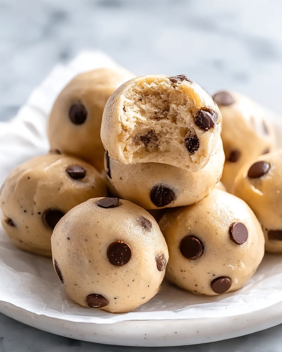 The image shows several round cookie dough balls with a smooth light beige color and specks throughout the dough, placed on a piece of white parchment paper on a white marbled surface. One cookie dough ball is positioned on top of others with a bite taken out of it, revealing a soft, crumbly, and light beige interior mixed with small chocolate chips. The other cookie dough balls also show dark chocolate chips on their smooth surfaces. The focus is on the bitten dough ball, with the others blurred in the background. photo taken with an iphone --ar 4:5 --v 7