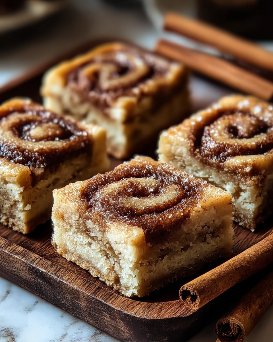 The image shows four square cinnamon roll bars tightly placed together on a dark brown rectangular wooden tray. Each square has two visible layers: the bottom layer is thick, crumbly, and light brown with a rough texture, and the top layer is a lighter beige swirl with a glossy finish, rich with cinnamon sugar. The spirals on top are distinctly dark brown, neatly rolled, and have a slightly soft and sticky appearance. The tray is set on a white marbled surface with cinnamon sticks placed next to it, adding an earthy touch to the composition. The photo taken with an iphone --ar 4:5 --v 7