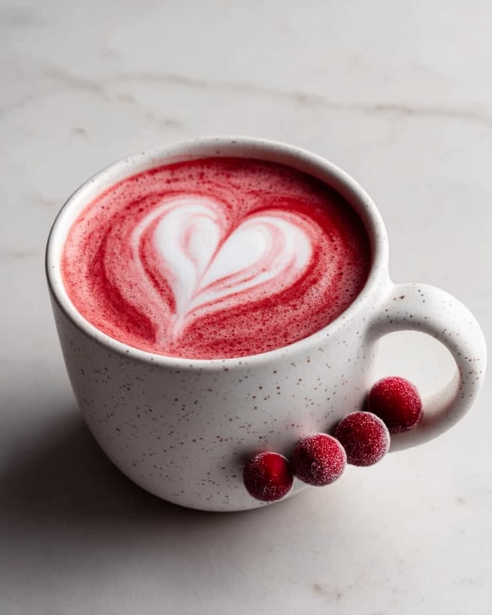 A white speckled ceramic mug filled with a pinkish-red latte topped with a heart-shaped white foam design in the center. On top of the foam, there are four bright red berries arranged near the edge of the cup. The mug sits on a white marbled surface, showing a soft and cozy atmosphere. Photo taken with an iphone --ar 4:5 --v 7