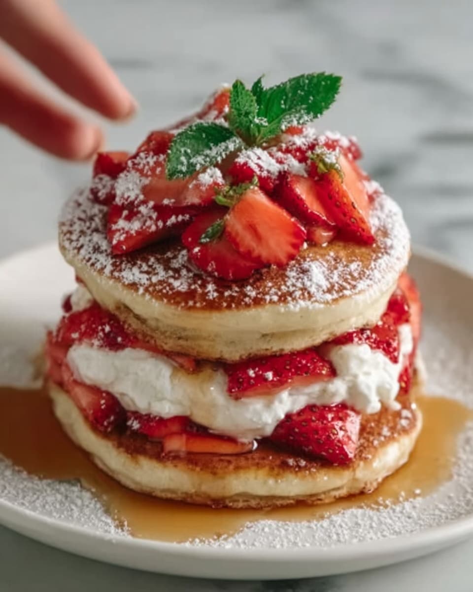 The image shows a stack of three fluffy pancakes on a white plate, placed on a white marbled surface. Between the layers are fresh red strawberry slices and white cream, creating a bright contrast. The top pancake is covered with more sliced strawberries and a small green mint leaf, dusted with powdered sugar. Syrup is gently pooling around the bottom of the stack, adding a sticky shine. A woman's hand is reaching from the right side, about to touch the stack. photo taken with an iphone --ar 4:5 --v 7