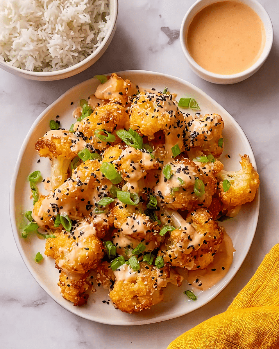 A white plate holds a single layer of golden fried cauliflower pieces, each coated in a creamy, light orange sauce with specks of black sesame seeds scattered on top. Fresh green sliced scallions are sprinkled evenly over the cauliflower, adding a pop of color. To the top left of the plate, a white bowl filled with plain white rice sits partially in view, while a small white ramekin of extra light orange sauce is positioned to the upper right of the plate. The plate and bowls rest on a white marbled surface, with a small corner of a yellow cloth visible near the bottom right. photo taken with an iphone --ar 4:5 --v 7