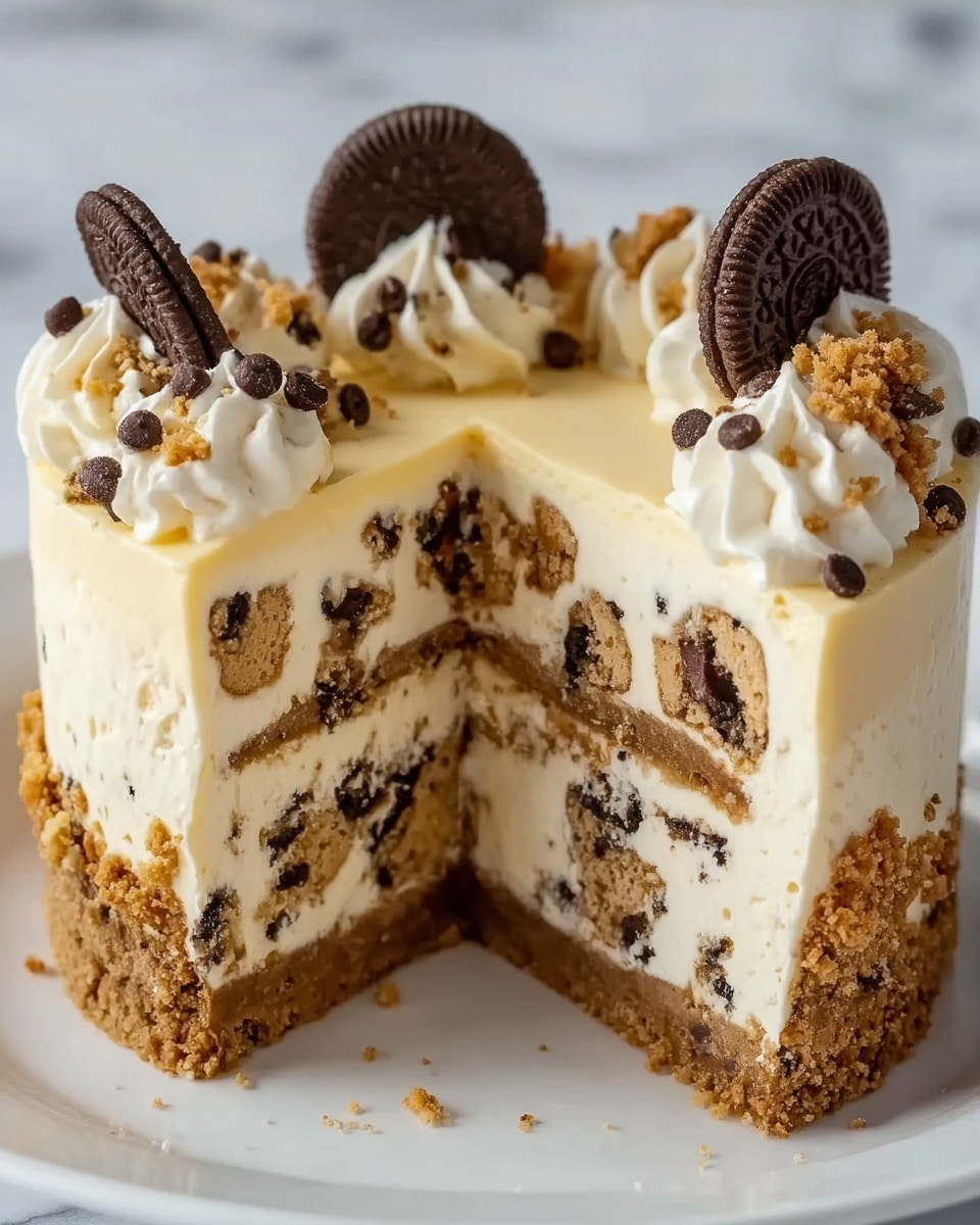 The image shows a thick slice of a layered cake with a crumbly brown base topped by two layers of cream-colored filling with chunks of chocolate and cookie pieces mixed inside. The top layer is smooth and pale yellow, with small chocolate chips around the edge. The cake is decorated with small swirls of white cream and chocolate cookie crumbs on the surface, along with two round chocolate pieces standing vertically on top. The cake rests on a white plate, placed on a white marbled surface. Photo taken with an iphone --ar 4:5 --v 7