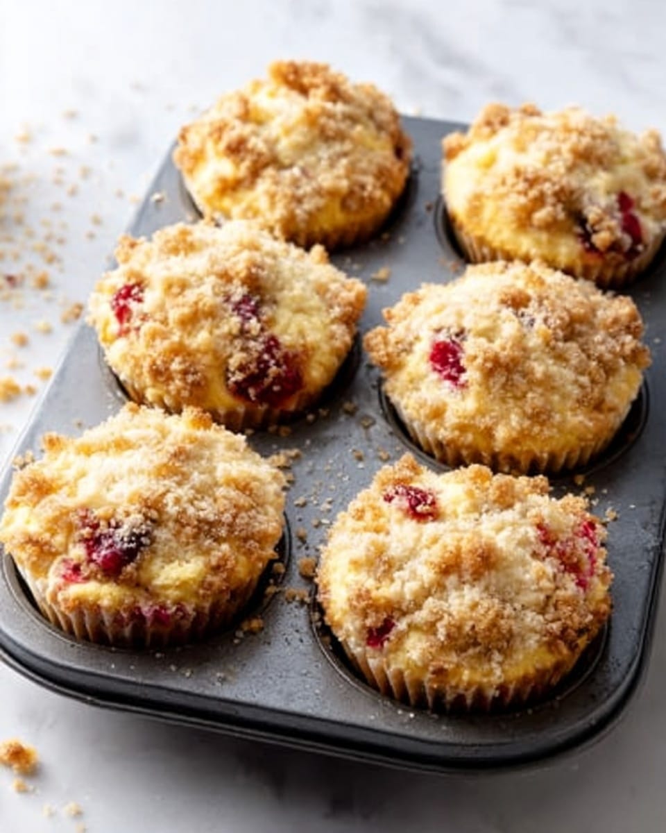 Six golden-brown muffins with a crumbly topping sit inside a dark gray muffin pan. The muffins show visible pieces of red berries throughout the golden dough, with a slightly rough texture on top from the crumbly streusel. The pan is placed on a white marbled surface, and some crumbs are scattered around, adding to the fresh-baked look. photo taken with an iphone --ar 4:5 --v 7