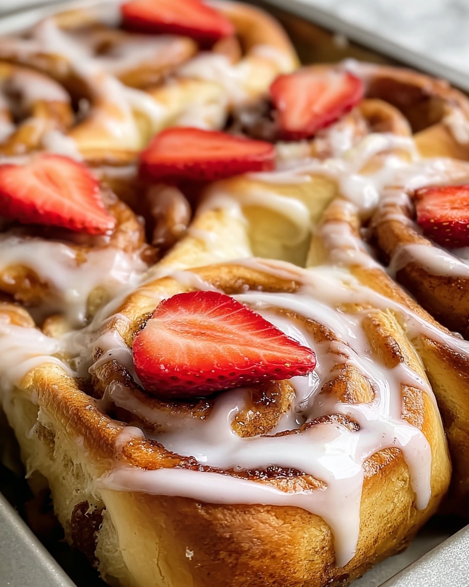 A close-up of several cinnamon rolls, each with a light golden brown, soft, and fluffy dough base twisted into a spiral filled with a cinnamon and sugar mixture that appears slightly caramelized and textured. The rolls are topped with a white, glossy icing drizzled unevenly over the twisted layers. On top of each roll sits a bright red, fresh strawberry slice, adding a pop of vibrant color against the warm tones of the pastry and white icing. The rolls are in a baking dish, with the background showing a subtle white marbled texture. Photo taken with an iphone --ar 4:5 --v 7