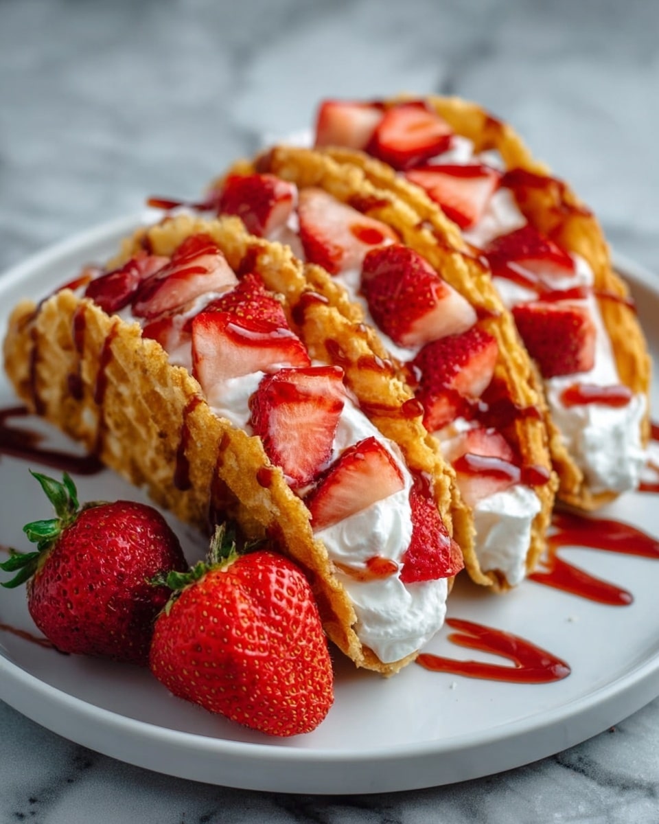 The image shows three waffles shaped like tacos, each filled with creamy white whipped cream and topped with sliced red strawberries. The waffles are golden-brown with a crispy texture and are placed side by side on a white plate. Drizzled on top of the strawberries and whipped cream is a bright red strawberry sauce, adding a glossy finish. Two whole strawberries rest next to the waffles on the plate, which sits on a white marbled surface. The photo taken with an iphone --ar 4:5 --v 7
