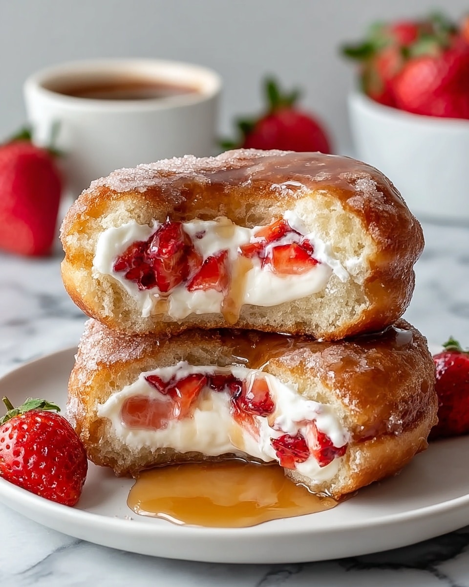Two stacked donut halves on a white plate, each donut cut open to reveal a thick layer of white cream filling with fresh red strawberry pieces inside. The donut exterior is golden brown with a soft, fluffy texture, and a clear glossy syrup is drizzled over the top and pooling on the plate beneath. The background shows a white marbled surface with blurred red strawberries and a small white cup of brown syrup. Photo taken with an iphone --ar 4:5 --v 7