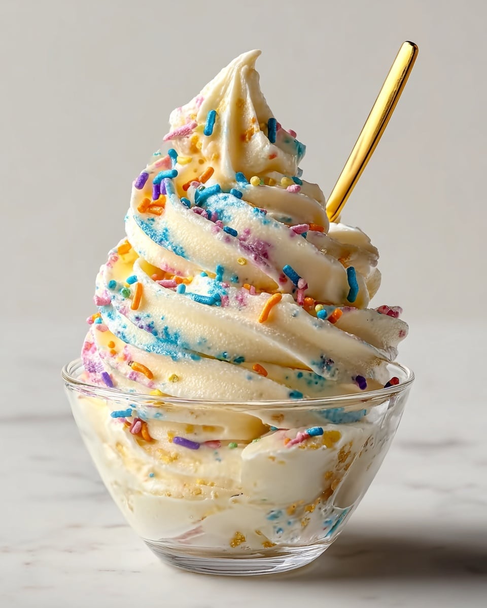 A clear glass bowl filled with swirled creamy vanilla soft serve ice cream speckled with colorful confetti sprinkles in blue, orange, purple, and pink, showing thick and smooth texture. The ice cream swirls up in several thick layers creating a tall peak, and a shiny golden spoon is placed inside the bowl at an angle on the right side. The background and surface are a white marbled texture, giving a clean and bright look. Photo taken with an iphone --ar 4:5 --v 7