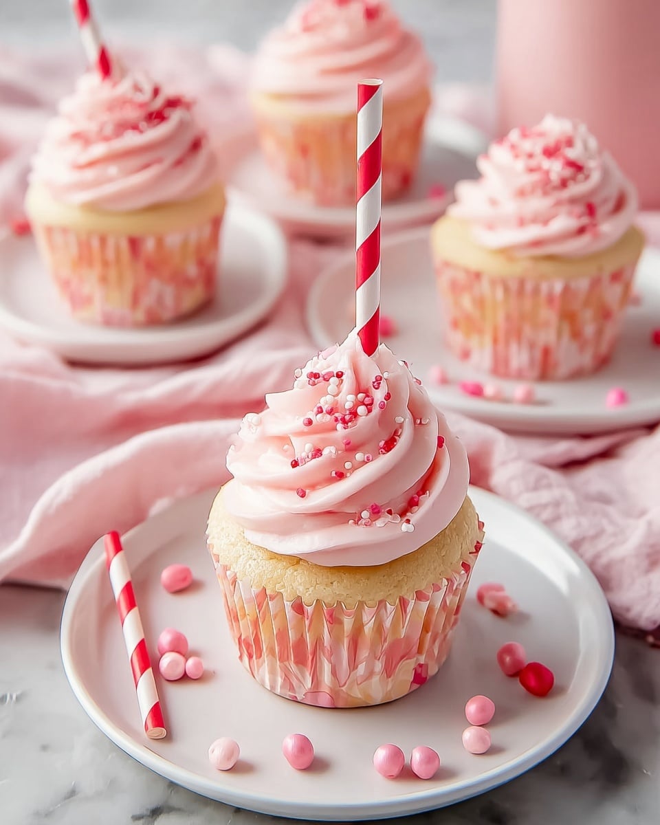A pale yellow cupcake sits in a pink and white paper liner on a white plate, topped with one thick swirl of smooth, light pink frosting with a slightly textured finish. The frosting is decorated with small, round sprinkles in red, white, and pink, and a red and white striped paper straw sticks upright in the center. Around the cupcake on the plate are scattered small pink, red, and white candy pearls. In the background, there are three more cupcakes with the same frosting and liners, placed on white plates over a soft pink cloth on a white marbled surface. photo taken with an iphone --ar 4:5 --v 7