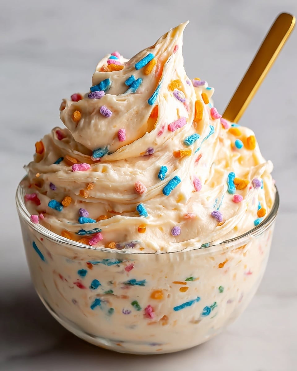 A clear glass bowl filled with a thick, creamy mixture that has a smooth texture swirled high above the bowl's rim. The mixture is pale beige with many small bright sprinkles in blue, orange, pink, yellow, and purple scattered evenly throughout. A shiny gold spoon is stuck into the creamy swirls on the right side. All of this is set on a white marbled surface. photo taken with an iphone --ar 4:5 --v 7