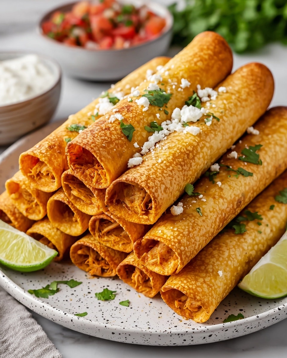 Nine golden-brown rolled taquitos are stacked on a white plate with small black speckles, arranged in two layers with five on the bottom and four on top. The taquitos have a textured, crispy outer shell with a visible spiced shredded chicken filling peeking out from both ends. They are sprinkled with small white crumbled cheese and fresh green cilantro leaves. On the left side of the plate, two lime wedges rest against the taquitos. In the background, there are blurred bowls of fresh red salsa mixed with green herbs and white sour cream. The whole scene sits on a white marbled surface. photo taken with an iphone --ar 4:5 --v 7