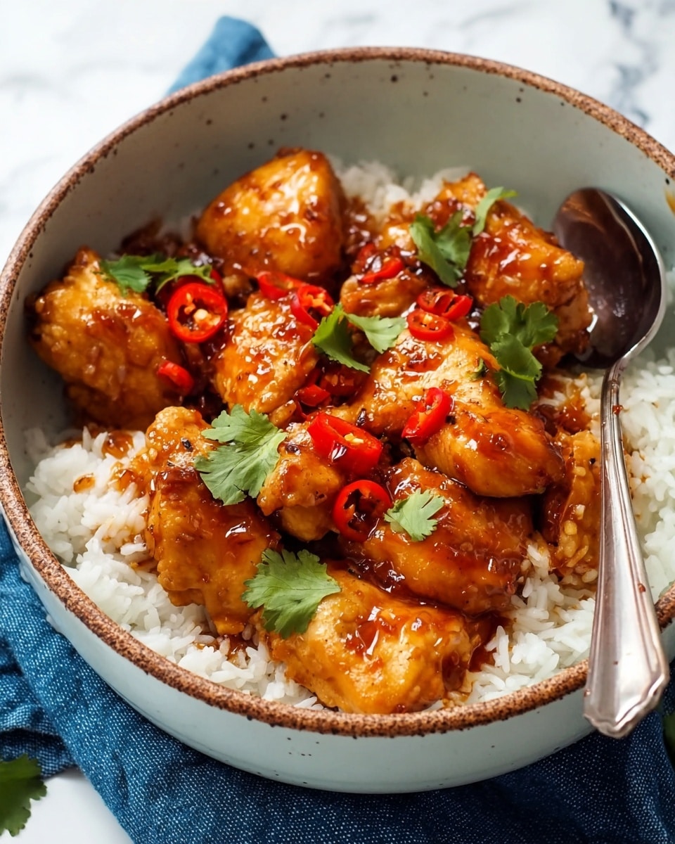 A bowl filled with white rice as the bottom layer, topped with several golden-brown chicken pieces coated in a shiny reddish-brown sauce that looks thick and sticky; the chicken pieces are scattered evenly and garnished with small green cilantro leaves and thin slices of red chili peppers, all placed inside a white bowl with a speckled brown rim, resting on a blue cloth on a white marbled surface, with a spoon partially visible on the right side of the bowl. photo taken with an iphone --ar 4:5 --v 7