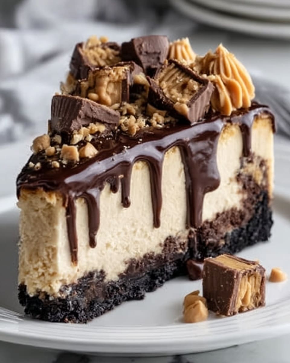A thick slice of cheesecake sits on a white plate with a white marbled background. The cheesecake has three visible layers: a dark chocolate crust at the bottom, a thick creamy beige middle layer of cheesecake, and a glossy dark chocolate layer on top that drips down the sides. The top of the cheesecake is decorated with chunks of peanut butter cups, small peanut pieces, and swirls of peanut butter cream. The textures contrast between the smooth cheesecake, crunchy crust, shiny chocolate, and chunky toppings. Photo taken with an iphone --ar 4:5 --v 7