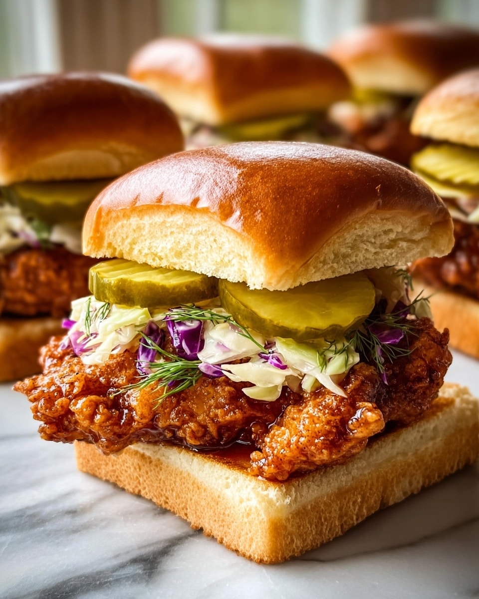 The image shows a close-up of a sandwich with three main layers. The bottom layer is a soft, slightly toasted pale bread slice. On top of it lies a crispy, golden-brown fried chicken piece with a crunchy texture and a shiny glaze. Above the chicken, there are three greenish-yellow pickle slices with ridges. On top of the pickles, there is a mix of shredded light purple and white cabbage with green dill, appearing fresh and creamy. The sandwich is finished with a shiny, smooth, and soft brown top bun. The background has more sandwiches slightly blurred on a white marbled texture. Photo taken with an iphone --ar 4:5 --v 7