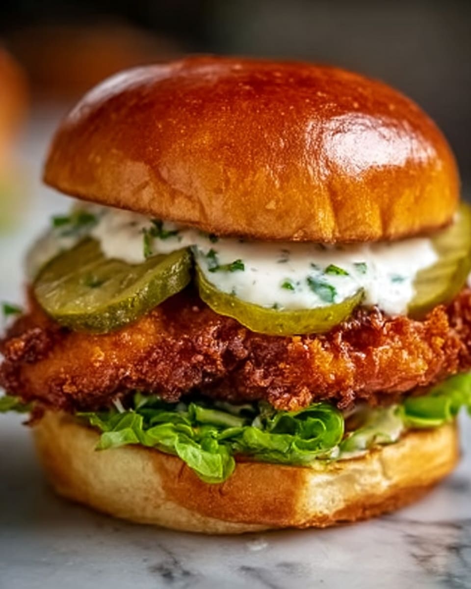 A close-up view of a sandwich with a shiny, golden-brown top bun that looks soft and slightly glossy. Below the bun is a layer of white sauce with green herbs, sitting on top of a crispy, deep-fried chicken fillet that is crunchy and dark golden-brown. Underneath the chicken are green pickles with a wet texture layered on a bed of fresh green lettuce that is light and crinkly. The sandwich is sitting on a white marbled surface. Photo taken with an iphone --ar 4:5 --v 7