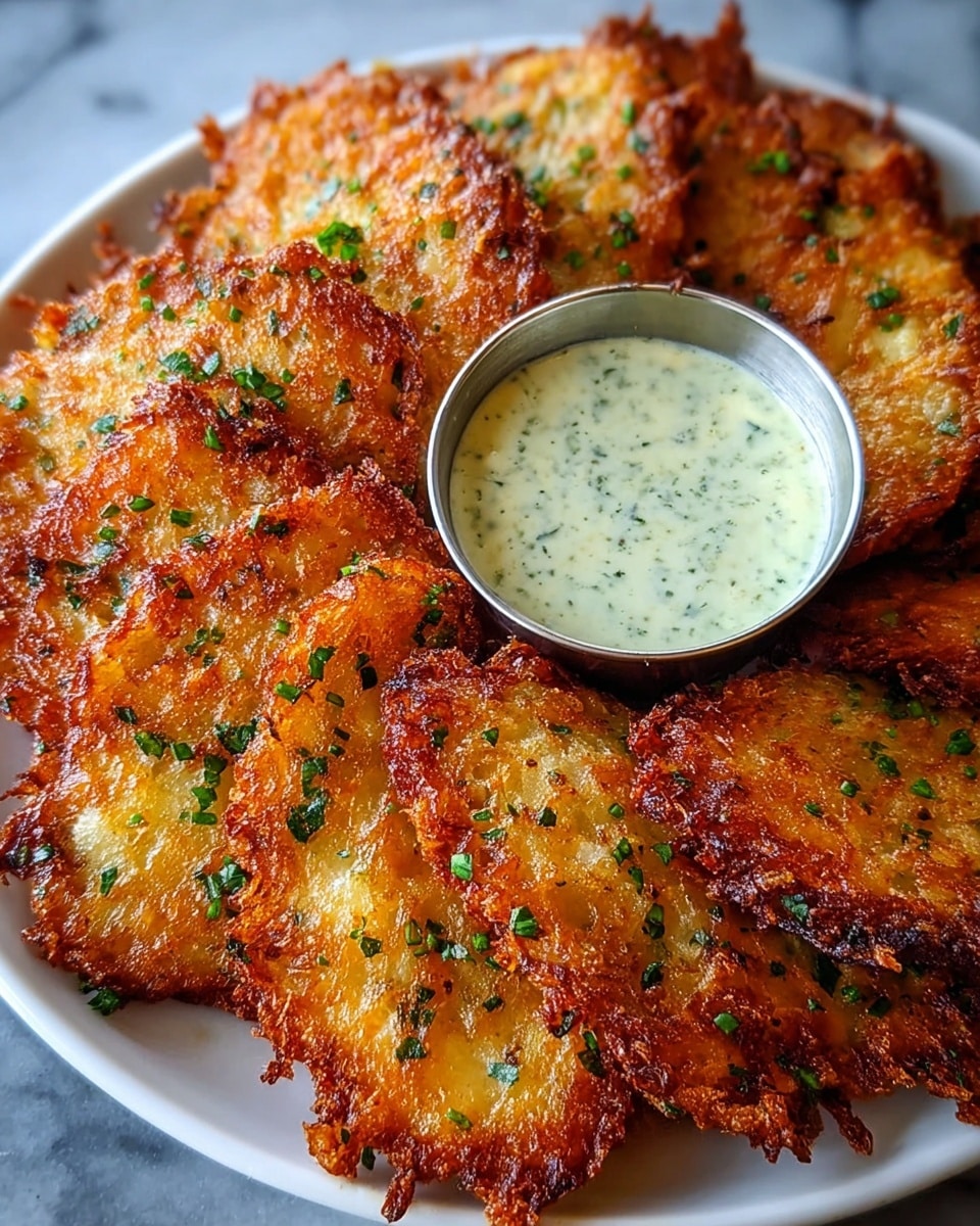 A white plate filled with multiple golden-brown, crispy potato pancakes, each piece showing a rough, crunchy texture with small flecks of green herbs sprinkled all over. The pancakes are arranged in a slightly overlapping pattern, creating a layered look, with one pancake in the front clearly showing its uneven, crunchy edges and browned surface. In the middle of the plate, there is a small white metal cup filled with creamy, light green herb sauce, adding contrast to the warm colors of the pancakes. The background is a white marbled texture. photo taken with an iphone --ar 4:5 --v 7