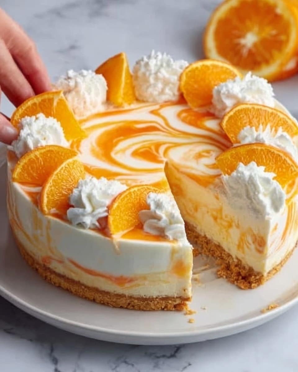 A round cheesecake is shown with a golden brown crumbly base layer. On top of the base is a thick white creamy layer, swirled with light orange patterns evenly spread across the surface. The cheesecake is cut into slices, with one slice slightly removed, showing the smooth, dense texture inside. Around the edges of the top layer are small orange slices placed neatly, along with three dollops of white whipped cream evenly spaced on top. The cheesecake sits on a white plate on a white marbled surface, and a woman's hand is reaching for a slice. photo taken with an iphone --ar 4:5 --v 7