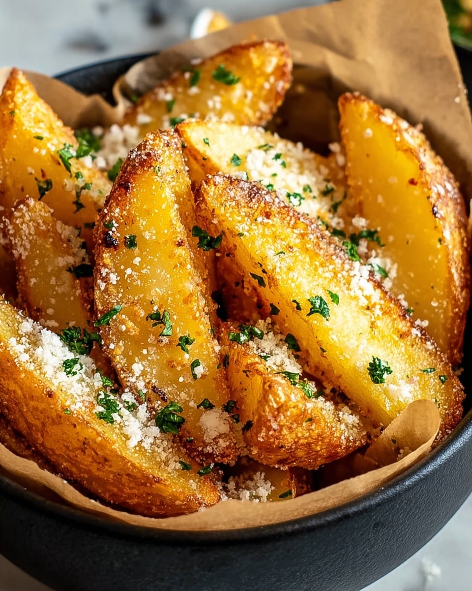 A black bowl filled with thick golden potato wedges coated in a layer of finely grated white cheese and sprinkled with small green parsley flakes, each wedge showing a crispy brown texture on the edges and a soft yellow inside, all placed on brown parchment paper inside the bowl, the background showing a white marbled texture. photo taken with an iphone --ar 4:5 --v 7