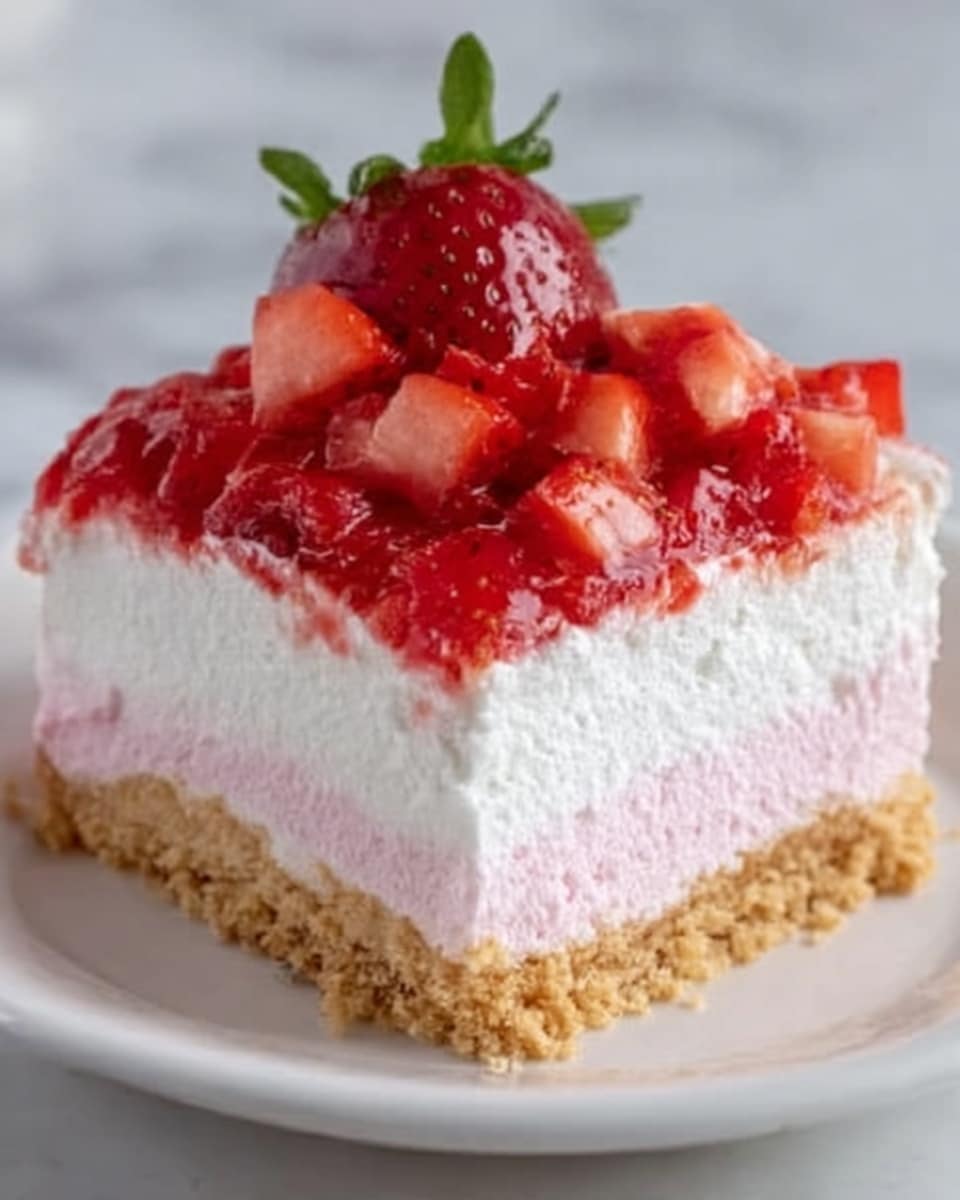 The image shows a square slice of strawberry dessert with three clear layers on a white plate. The bottom layer is a crumbly, light brown crust made from crushed cookies or graham crackers. The middle layer is a creamy pale pink filling, smooth in texture. On top of this is a thick, fluffy white layer of whipped cream. The dessert is crowned with a pile of small, chopped red strawberries, with a whole strawberry with its green leaves placed on top. The background is a white marbled surface. photo taken with an iphone --ar 4:5 --v 7
