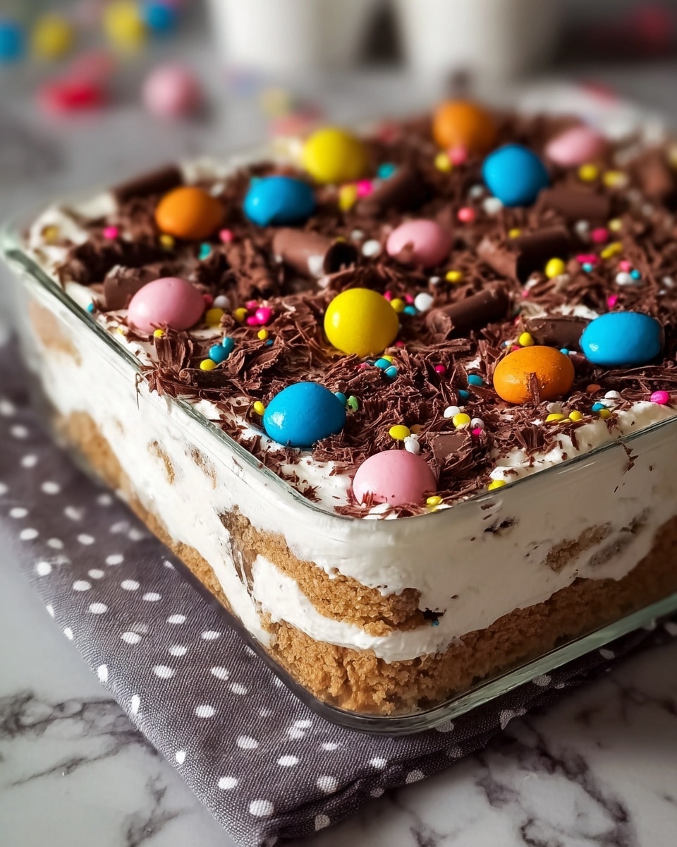 A square glass dish holds a layered dessert with three visible layers: the bottom layer is a light brown crumbly base, the middle layer is thick and white, and the top layer is creamy white topped with dark chocolate shavings scattered all over. On top of the chocolate shavings, there are colorful round candies in yellow, blue, pink, and orange, along with small rainbow sprinkles adding bright spots of color. The dish is placed on a gray cloth with white polka dots on a white marbled surface. Photo taken with an iphone --ar 4:5 --v 7
