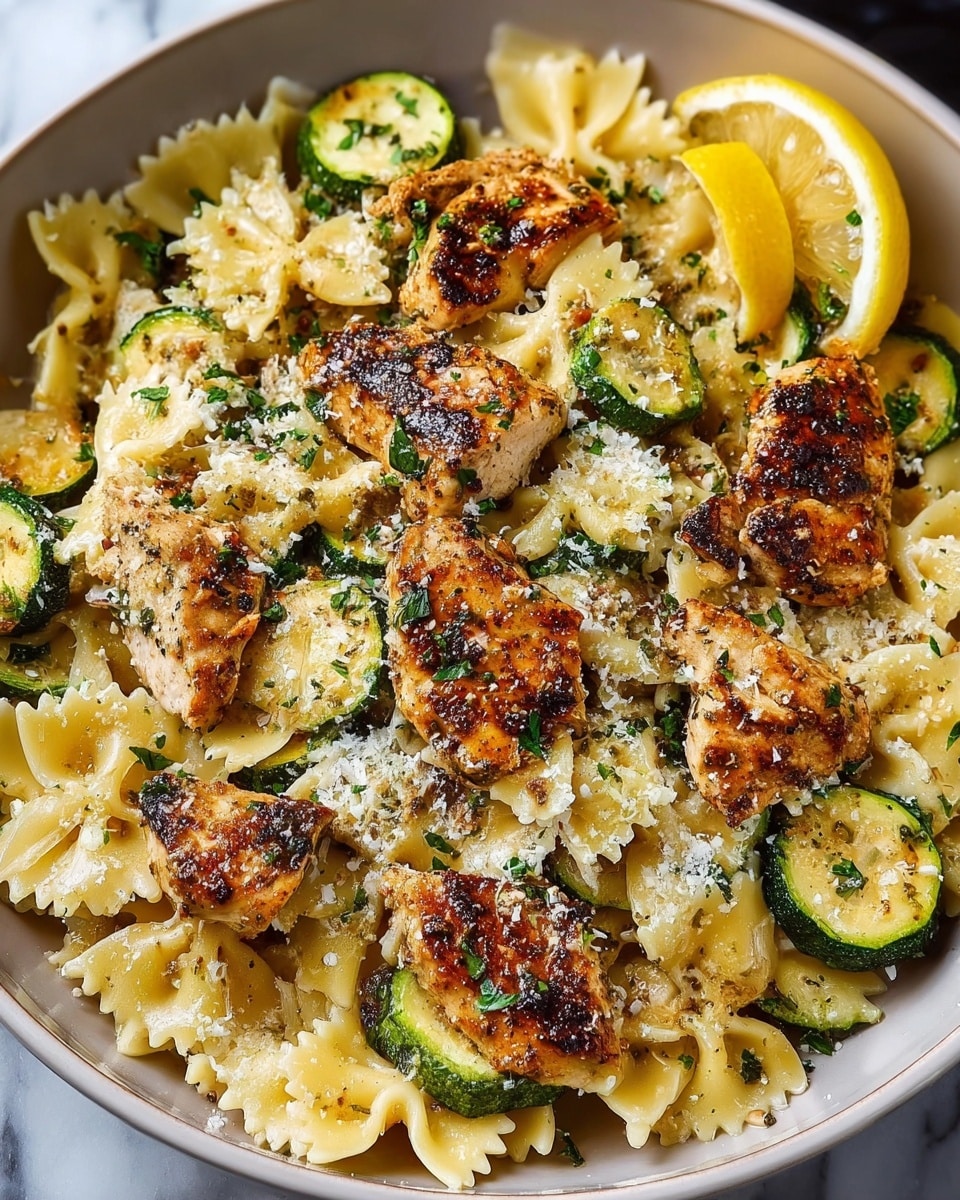 A close-up of a dish in a white bowl filled with bowtie pasta layered evenly, showing a light yellow color with a smooth texture; on top, grilled chicken pieces with a golden-brown crust and char marks are spread around, mixed with roasted zucchini slices that are green with slight browning; the entire dish is sprinkled with finely chopped green herbs and grated white cheese, adding small flecks of texture and color contrast, and there is a lemon wedge placed near the edge for decoration, all set against a white marbled surface background, photo taken with an iphone --ar 4:5 --v 7