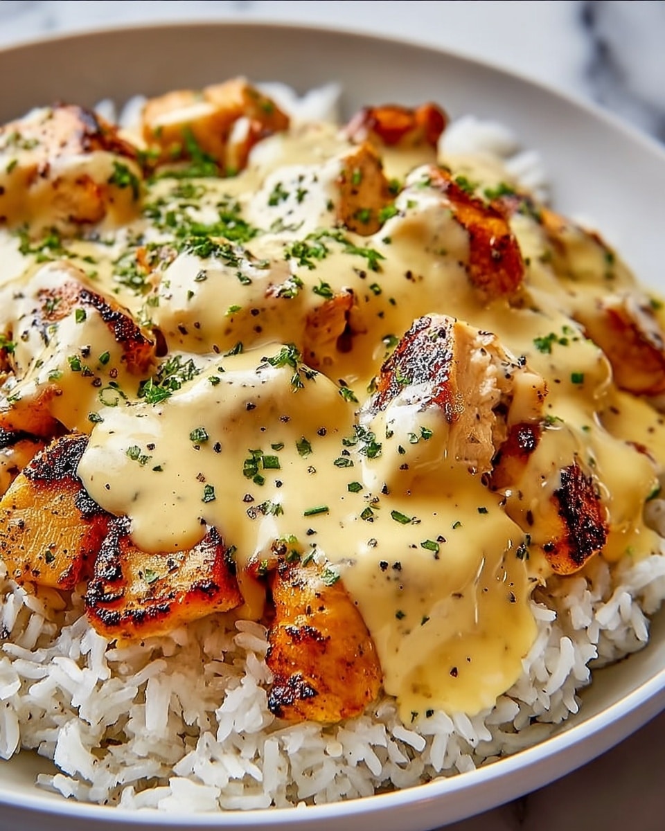 A close-up view of a dish with two layers shown; the bottom layer is white cooked rice with individual grains visible, forming the base. The top layer has pieces of golden-brown grilled chicken, lightly charred and covered generously with a creamy light yellow sauce that looks smooth and slightly thick. The sauce is sprinkled with small green herbs and black pepper, adding texture and color contrast. The food is placed on a white plate, sitting on a white marbled surface. Photo taken with an iphone --ar 4:5 --v 7