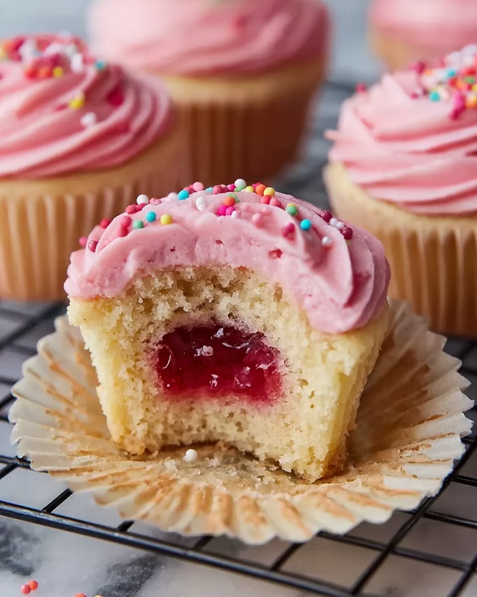 A close-up of a cupcake with three clear layers: a bottom layer of light golden cake, a middle layer of dark red jelly filling, and a top layer of smooth pink frosting swirled with small round colorful sprinkles on top. The cupcake’s paper liner is light beige and the cupcake is placed on a black cooling rack. A small bite is taken out of the cupcake showing the jelly center. Other similar cupcakes with pink frosting and colorful sprinkles are slightly blurred in the background. The whole scene is set on a white marbled texture. Photo taken with an iphone --ar 4:5 --v 7