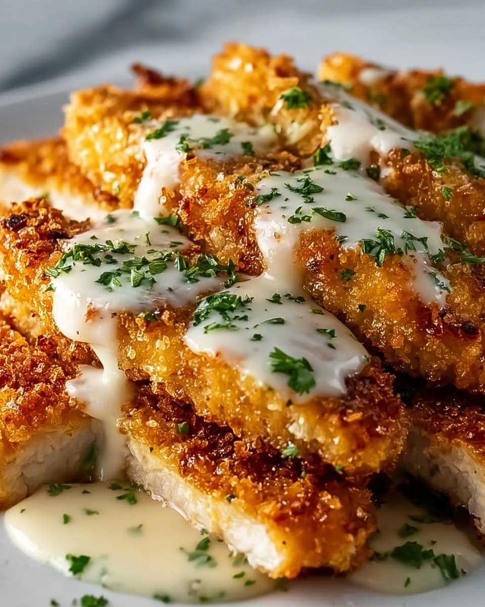 The image shows close-up crispy breaded chicken cut into thick strips, each strip having a golden brown crunchy crust with visible crumbs. On top of the chicken strips is a smooth, creamy white sauce drizzled evenly over the surface. Small pieces of chopped green parsley leaves are sprinkled on top, giving a fresh touch of color. The chicken sits on a white marbled surface, enhancing the golden colors. photo taken with an iphone --ar 4:5 --v 7
