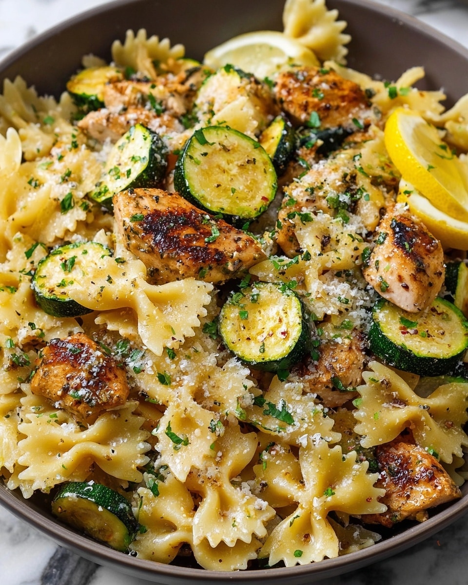 A close-up of a bowl filled with a colorful pasta dish on a white marbled surface. The base layer consists of bow-tie pasta, light yellow in color with a soft texture. Mixed evenly among the pasta are grilled chicken pieces, golden-brown with a slightly crispy outside. There are also slices of cooked zucchini, green on the edges and soft yellow inside, scattered throughout. The entire dish is sprinkled with finely chopped green herbs and small bits of white grated cheese. Thin slices of lemon sit on top as a garnish, adding a fresh touch. Photo taken with an iphone --ar 4:5 --v 7