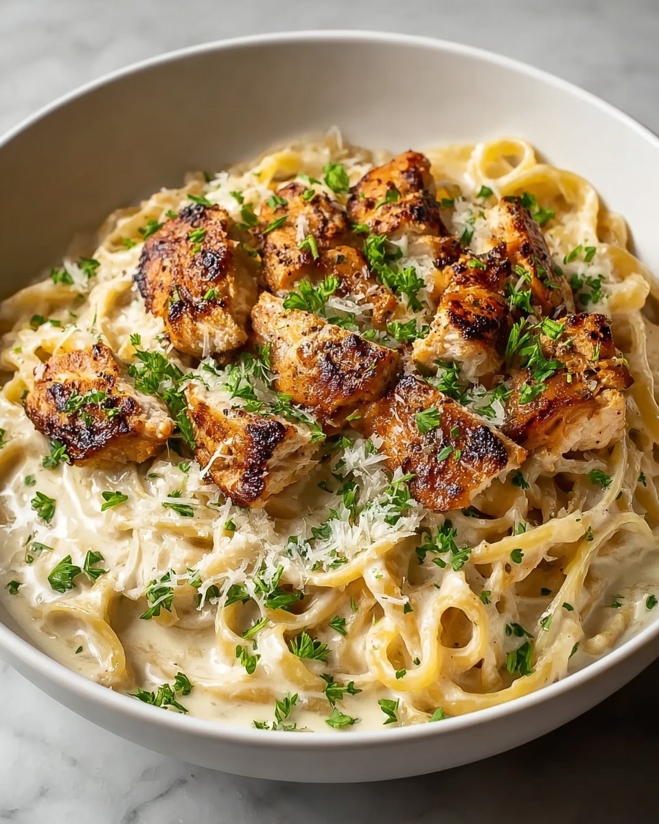 A white round bowl filled with creamy fettuccine pasta as the base layer, coated in a thick white sauce with a smooth, rich texture. On top, there are several pieces of golden-brown grilled chicken with a slightly crispy surface, arranged evenly. The dish is sprinkled with chopped green parsley and some grated white cheese, adding a fresh, vibrant touch. The bowl sits on a white marbled surface. photo taken with an iphone --ar 4:5 --v 7