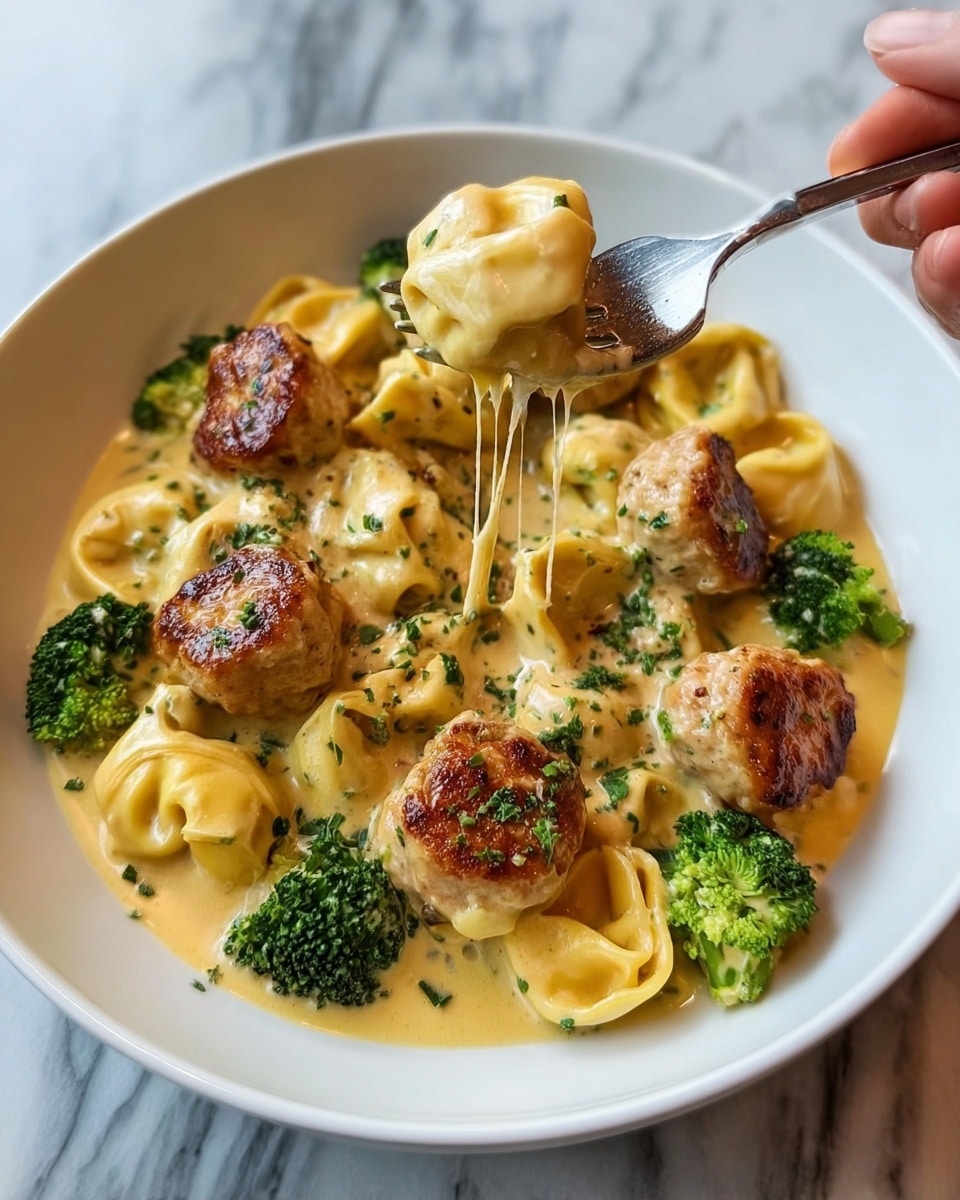 The dish shows a white round plate filled with creamy yellow sauce as the base layer. On top of the sauce, there are golden-brown seared chicken meatballs scattered around, some partially covered in sauce. There are also tortellini pasta pieces dressed with the same creamy sauce, their soft yellow color contrasting with the browned chicken. Small green broccoli florets are placed evenly around the plate for color contrast. Finely chopped green herbs sprinkle on top of everything, adding freshness. A woman's hand is holding a fork lifting one meatball and two tortellini, with melted stretchy cheese visible between the pasta. The background is a white marbled surface. photo taken with an iphone --ar 4:5 --v 7