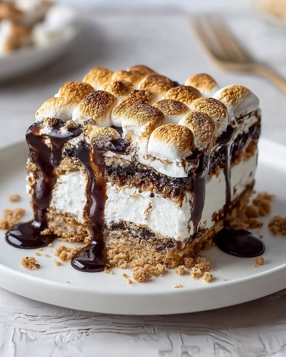 A square slice of layered dessert sits on a white plate with a white marbled texture background. The bottom layer is a crumbly, light brown crust, followed by a thick, fluffy white cream layer. Above that is a darker, crumbly layer with some texture, then another thick white cream layer. The top layer consists of golden toasted marshmallows with a bubbly, slightly uneven surface. Dark, glossy chocolate sauce is drizzled over the top and runs down the sides, pooling slightly at the base, with some crumbs scattered around the plate. photo taken with an iphone --ar 4:5 --v 7