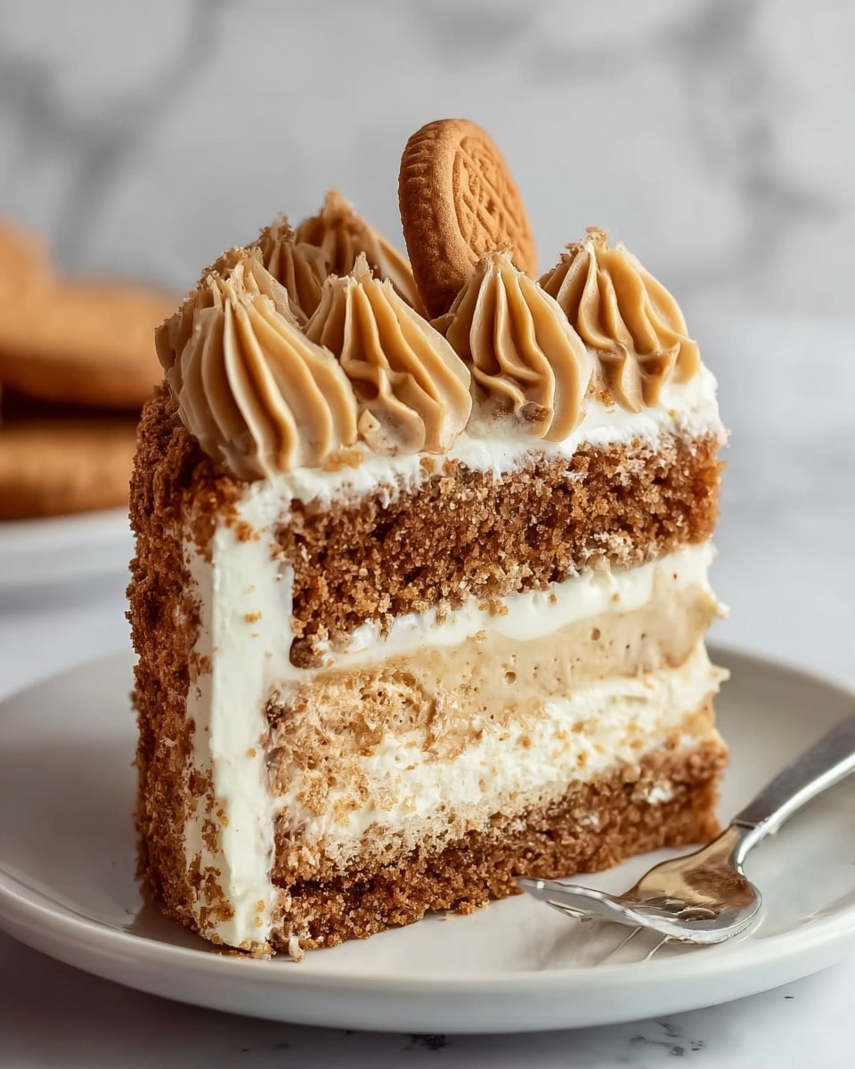 A slice of cake with four visible layers sits on a white plate with a fork beside it. The bottom layer is thick and brown with a crumbly texture. Above it is a creamy, light beige layer that looks smooth and soft. The third layer is another thin brown crumbly layer, topped with a thicker white creamy layer that also has bits of crumb mixed in. The cake is covered in fine brown crumbs on the sides and top edges. On the top, there are swirls of light brown frosting arranged in a row, with a round biscuit standing upright among the swirls. The background shows a blurred white marbled texture. Photo taken with an iphone --ar 4:5 --v 7