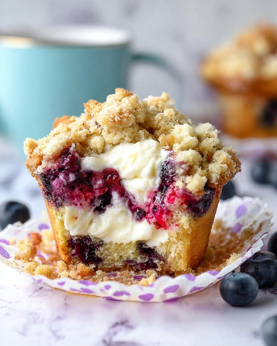 A close-up of a single muffin with a crumbly, golden-yellow streusel topping that has bits of red and dark purple berries mixed in. The muffin is cut open at the front, revealing a creamy white filling in the center. The muffin base is light yellow with visible baked blueberries and red berries inside. It sits on a white muffin paper liner with purple and red stains from the berries. In the background, there is another similar muffin and some loose blueberries, all on a white marbled surface. A white mug with a small blue handle is also faintly visible. Photo taken with an iphone --ar 4:5 --v 7