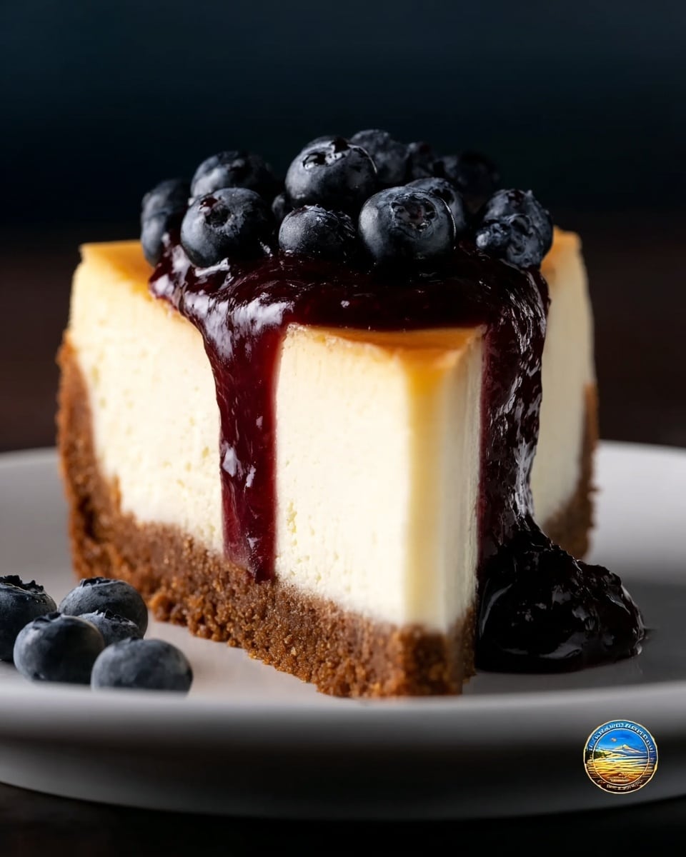 A slice of cheesecake with three clear layers sits on a white plate with a few blueberries scattered around. The bottom layer is a thick, crumbly brown crust. The middle layer is a smooth, creamy light yellow cheese filling that looks soft and dense. The top layer is a glossy dark red berry sauce flowing down the side, topped with fresh round blueberries that look plump and juicy. The background is dark, creating a strong contrast with the bright cake and white plate. photo taken with an iphone --ar 4:5 --v 7