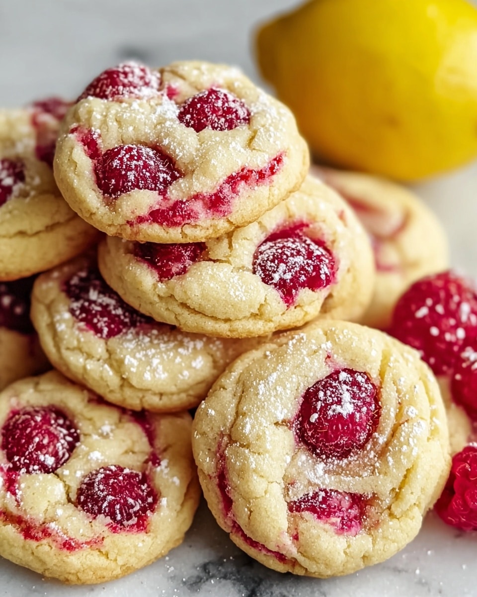 A close-up view of a stack of soft, round cookies with a light golden-brown color and a slightly cracked texture. Each cookie has bright red raspberries embedded on top, with some raspberry juice creating red swirls mixing into the cookie dough. A light dusting of white powdered sugar is scattered unevenly over all the cookies. The cookies sit on a white marbled surface, and a whole yellow lemon is placed in the background, adding a splash of bright contrast. photo taken with an iphone --ar 4:5 --v 7