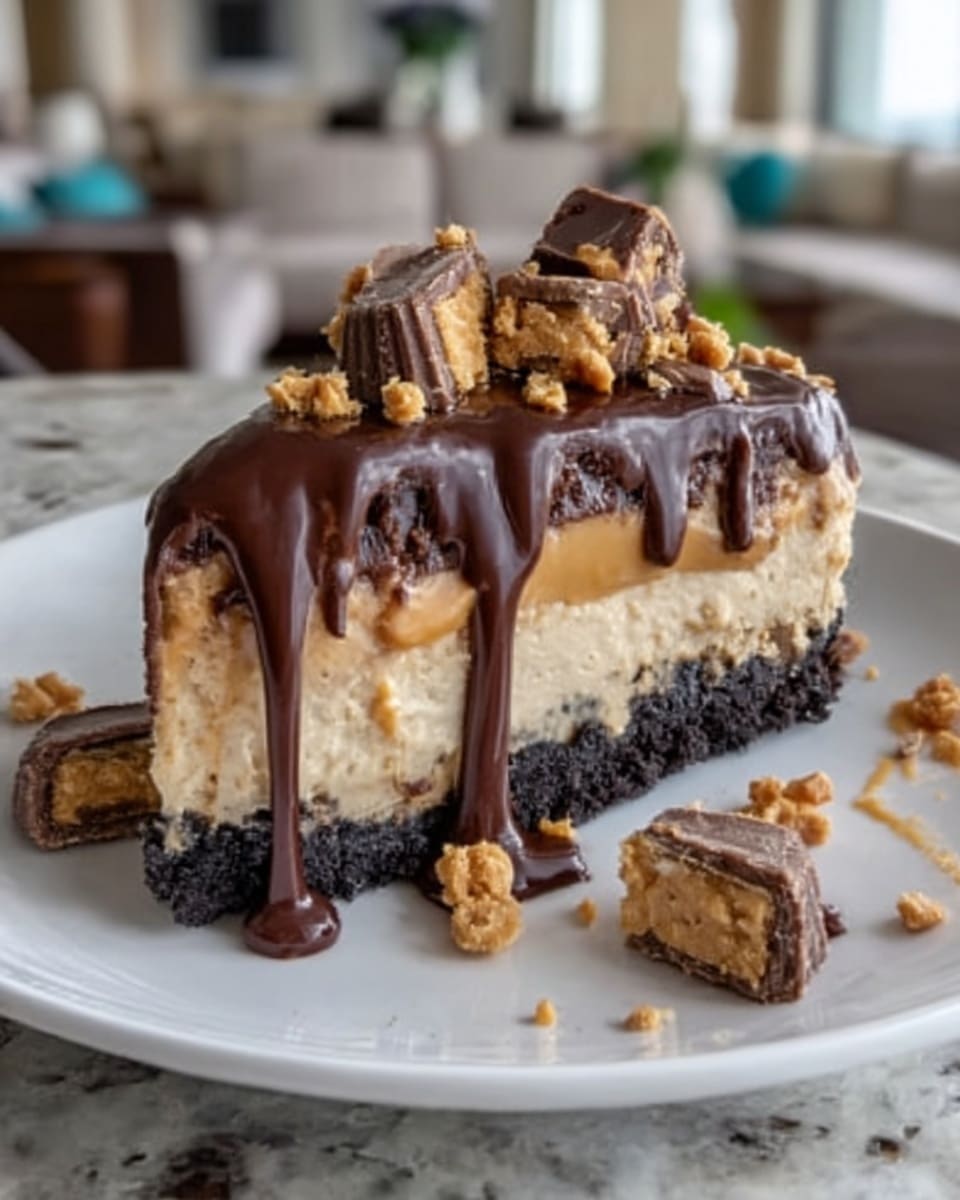 A slice of layered dessert on a white plate showing four main layers: the bottom has a dark, crumbly cookie crust, above it is a thick, light beige creamy layer, followed by a smooth, light brown caramel layer, and topped with a thick, glossy dark chocolate ganache slowly dripping down the sides. On top, there are small chunks of peanut butter cups and crunchy cookie pieces scattered. The plate is on a white marbled surface, with a blurred background of a cozy room. Photo taken with an iphone --ar 4:5 --v 7