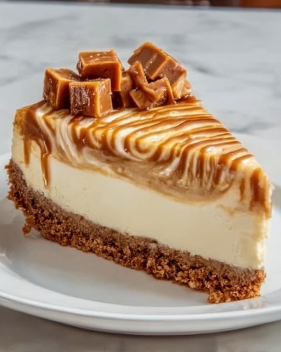 The image shows a slice of cheesecake with four main layers. The bottom layer is a thick, crumbly brown crust. Above that is a smooth, creamy white cheesecake layer. The top layer is a light beige caramel-colored swirl that covers the cheesecake, creating a smooth and shiny texture. On top, there are small square pieces of caramel candy stacked, with a drizzle of caramel sauce over them. The slice is on a simple white plate, placed on a white marbled surface. Photo taken with an iphone --ar 4:5 --v 7