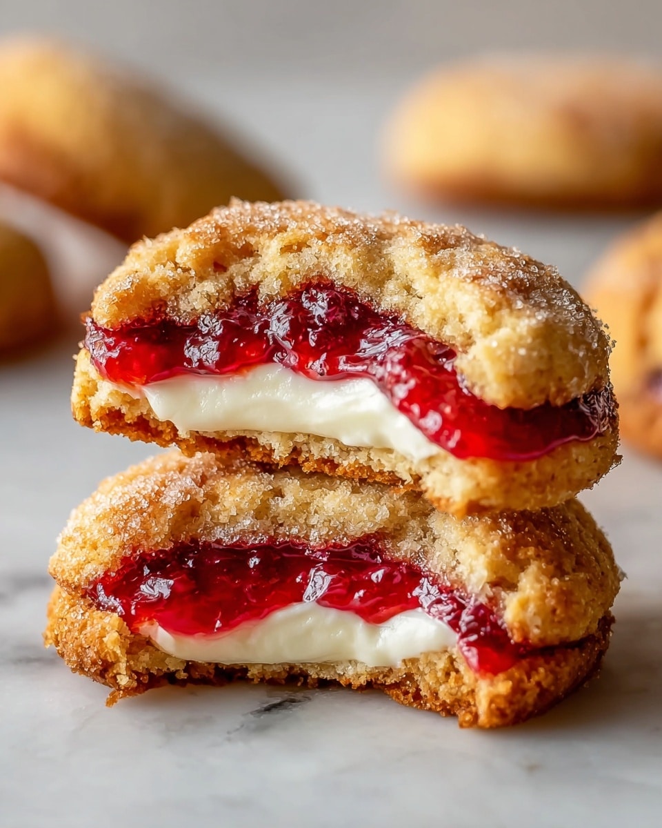 The image shows two jam-filled cookies stacked on each other on a white marbled surface, with one cookie broken in half to show the inside. Each cookie has a thick, crumbly golden-brown outer layer covered with sugar crystals, and inside there are two layers: a creamy white filling at the bottom and a glossy bright red jelly layer on top that looks sticky and fresh. The background is softly blurred with another whole cookie in the distance. photo taken with an iphone --ar 4:5 --v 7