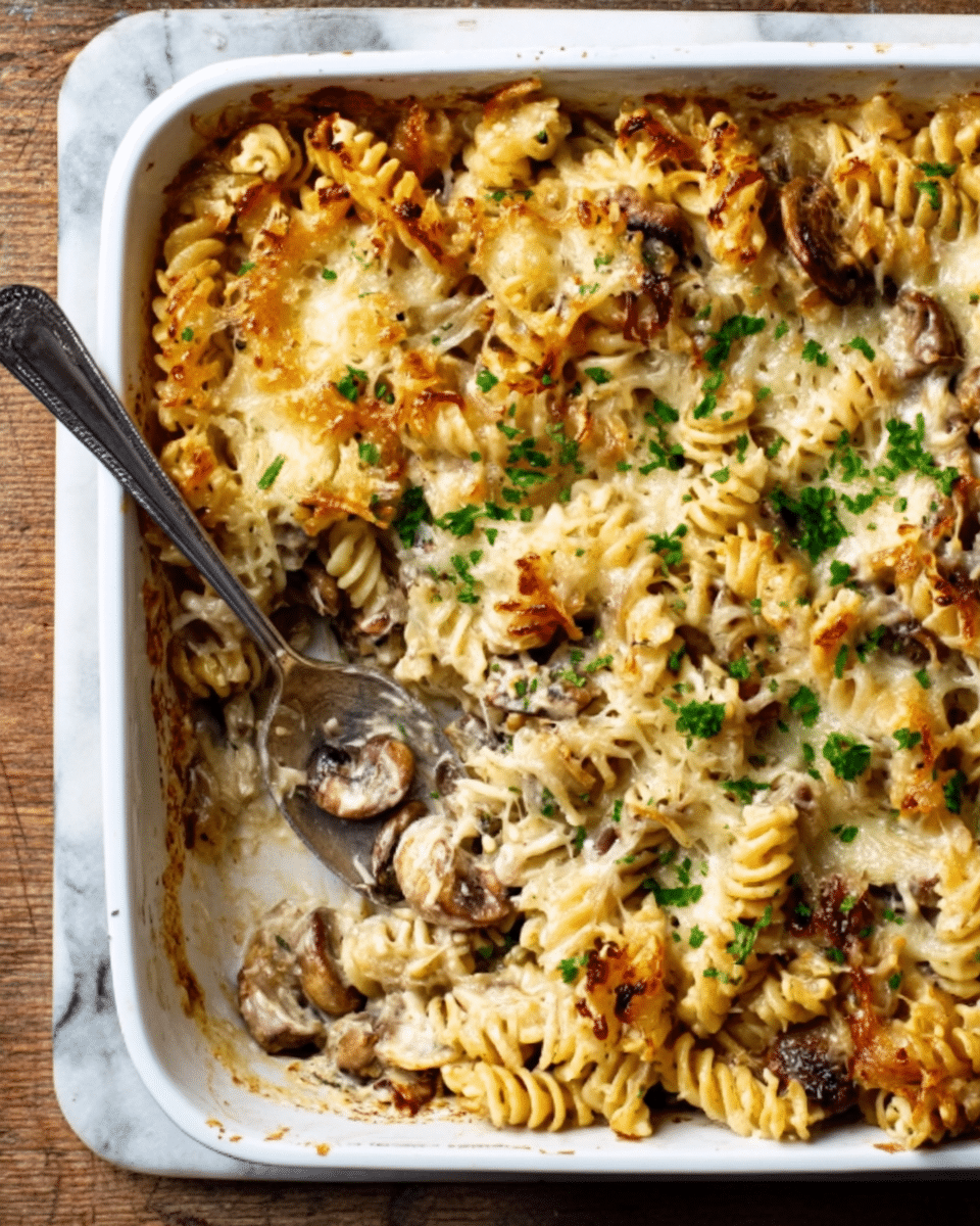 A white rectangular baking dish filled with a layered pasta casserole. The bottom layer consists of spiral-shaped pasta mixed with a creamy sauce and pieces of browned mushrooms. The top layer is covered with golden, melted cheese that is slightly crispy in some spots, sprinkled with small green herb bits. A silver serving spoon rests inside the dish, partially sunk into the pasta. The dish sits on a wooden surface with a white marbled texture beneath. Photo taken with an iphone --ar 4:5 --v 7
