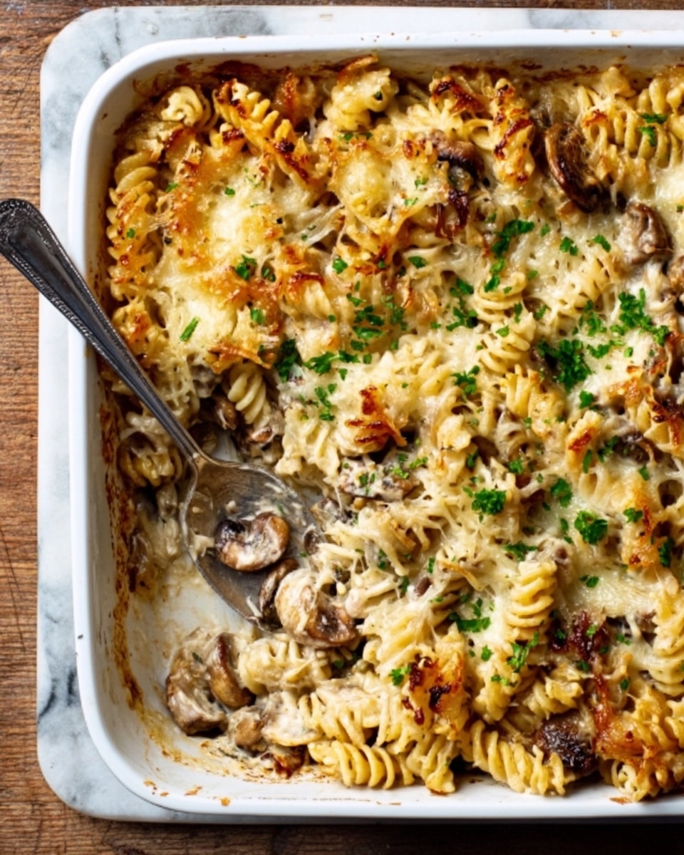 A white rectangular baking dish filled with a layered pasta casserole. The bottom layer consists of spiral-shaped pasta mixed with a creamy sauce and pieces of browned mushrooms. The top layer is covered with golden, melted cheese that is slightly crispy in some spots, sprinkled with small green herb bits. A silver serving spoon rests inside the dish, partially sunk into the pasta. The dish sits on a wooden surface with a white marbled texture beneath. Photo taken with an iphone --ar 4:5 --v 7