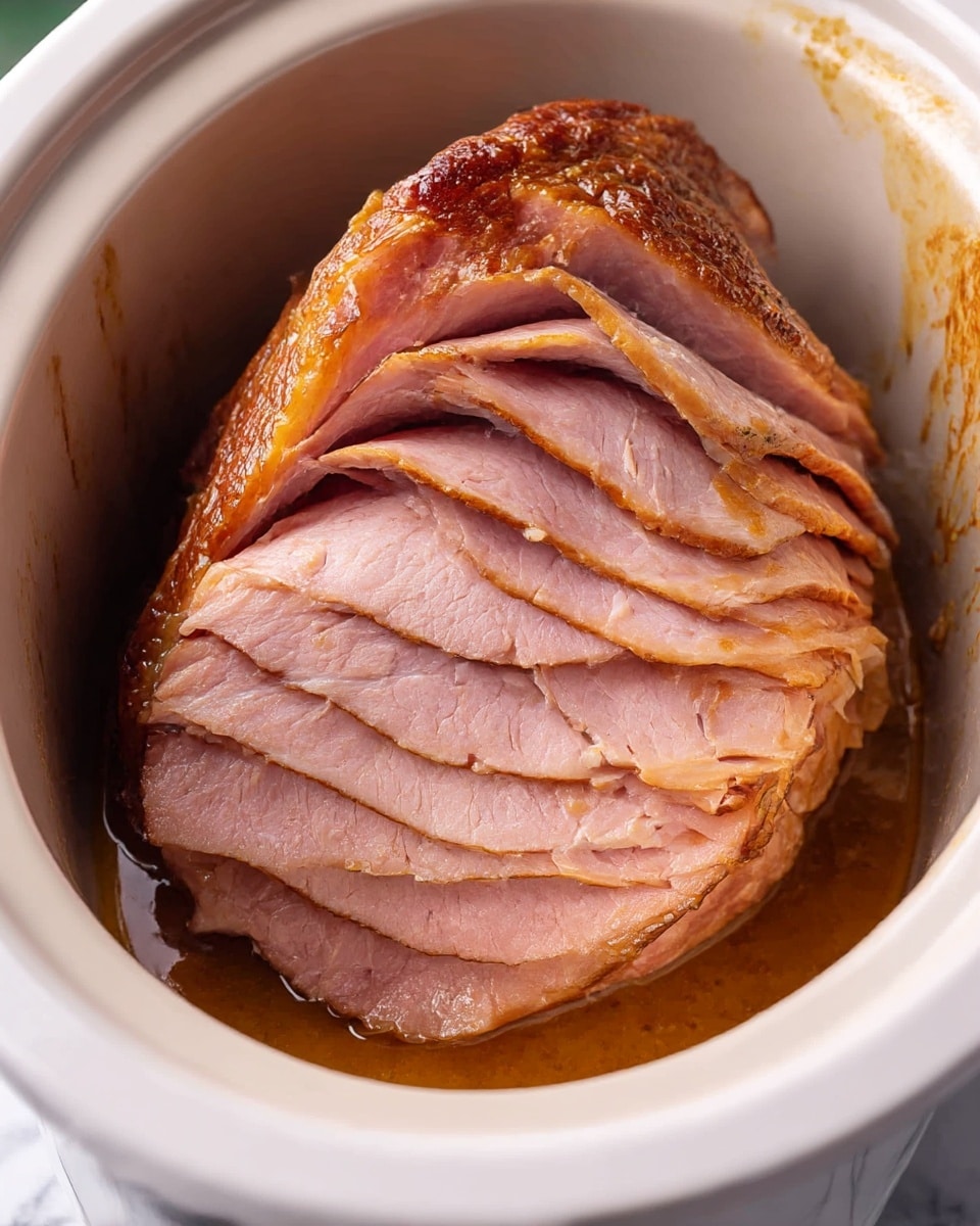 A close-up view of a cooked ham inside a white slow cooker. The ham is sliced about ten times, showing layers of soft, light pink meat with a smooth texture. The outer edge has a darker, caramelized brown crust that looks slightly crispy. The ham sits in a shallow pool of light brown juice at the bottom of the cooker. The inner surface of the cooker is beige with some caramel residue on the sides. The white marbled surface is partly visible outside the cooker. photo taken with an iphone --ar 4:5 --v 7