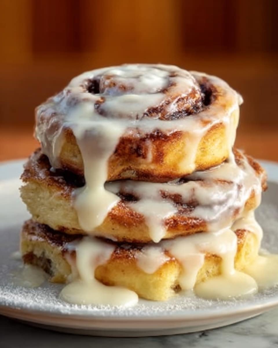 A stack of three thick, golden-brown cinnamon rolls sits on a white plate, each roll showing spirals of dark cinnamon with a slightly crispy edge. The rolls are generously covered with smooth, creamy white icing that drips slowly down the sides, pooling a little on the plate. The white marbled surface beneath the plate softly contrasts with the warm tones of the rolls and the icing’s shiny texture. The scene captures a close-up view, emphasizing the soft, fluffy texture of the rolls and the richness of the icing. Photo taken with an iphone --ar 4:5 --v 7